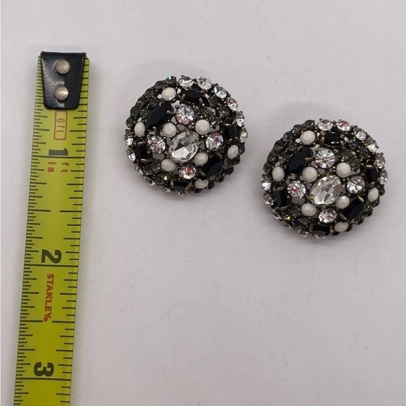 Gold Tone Black Clear Rhinestone Dome Earrings Retro Vibe Super Sparkly - Picture 5 of 5